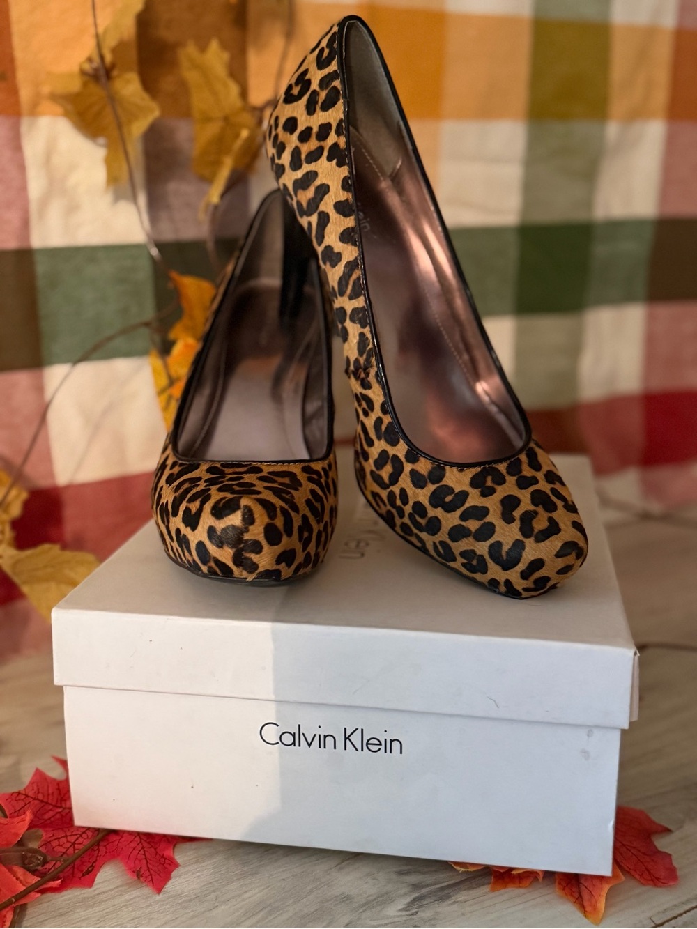 Calvin Klein Leopard Print Pumps in Tan and Black